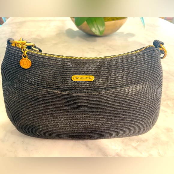 Eric Javits Straw / Linen Black Handbag with Gold Chain Strap - Picture 2 of 7